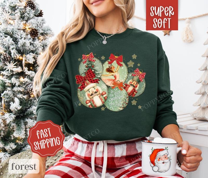 Retro Christmas Ornament Sweatshirt, Cute Christmas Sweater, Women's Holiday Crewneck T-Shirts, Hoodie | TeeBloomCo.com