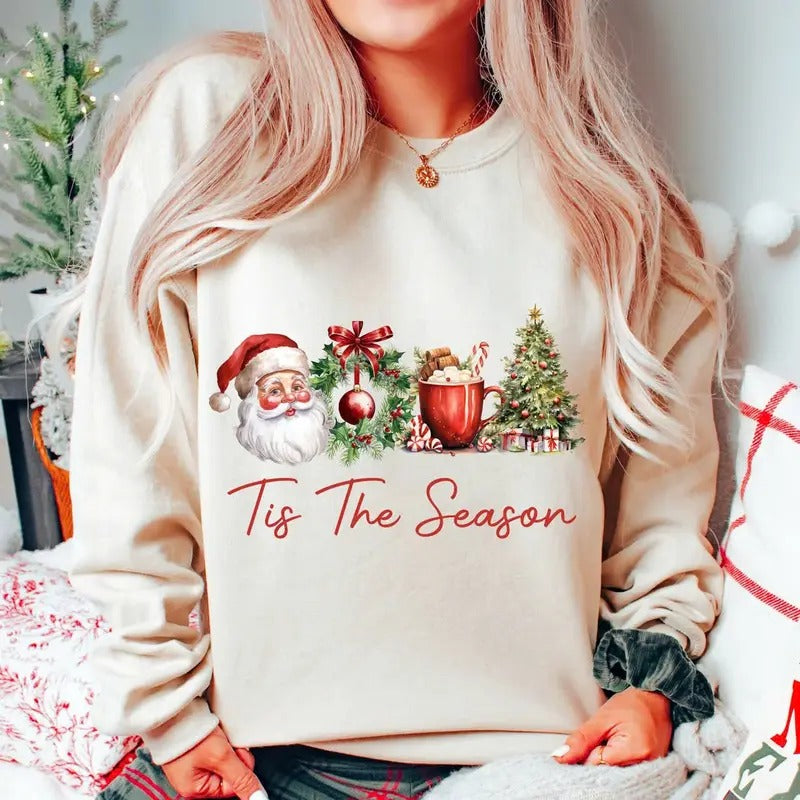 Retro Christmas Sweatshirt, Tis the Season Sweatshirt, Santa Claus Sweatshirt, Watercolor Christmas Sweatshirt, Christmas...