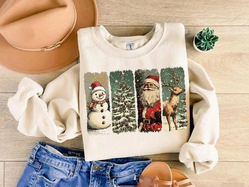 Retro Christmas Sweatshirt, Vintage Christmas Shirt, Santa Claus Shirt, Christmas Snowmen Shirt, Christmas Tree Shirt,...