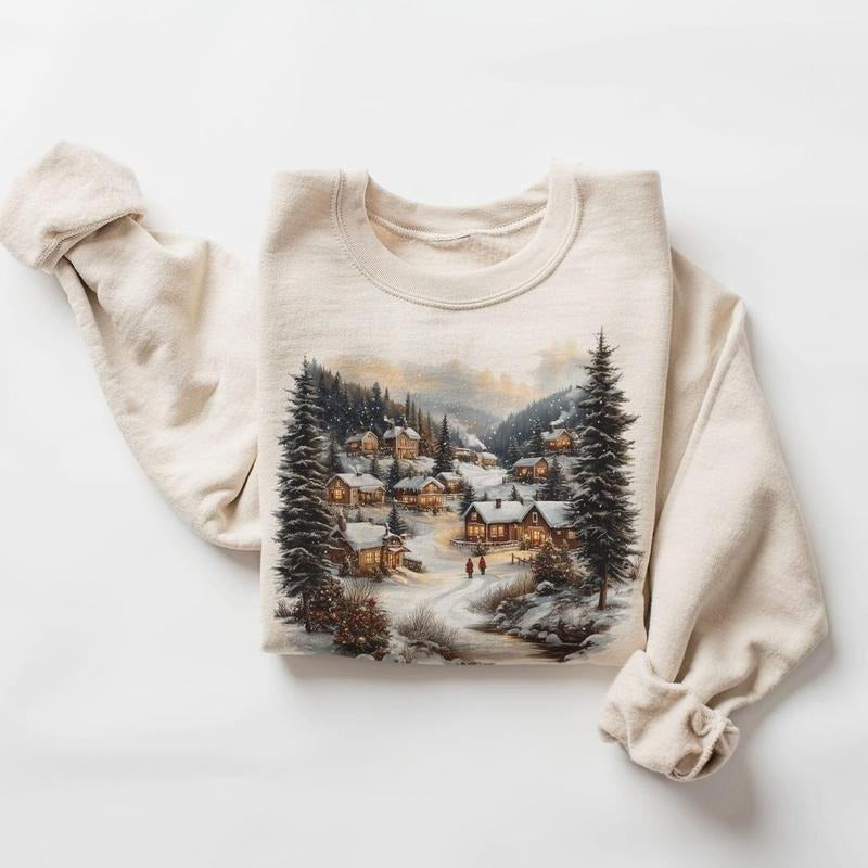 Retro Christmas Winter Village Sweatshirt - Nineties 90s Mountain Pine Trees Decorated Cabins Pullover Cotton Menswear...