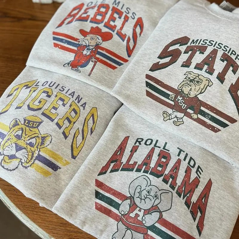 Retro College Football Mascot Crewneck Sweatshirt, Classic Menswear Tops Cotton Sweaters T-Shirts, Hoodie | TeeBloomCo.com