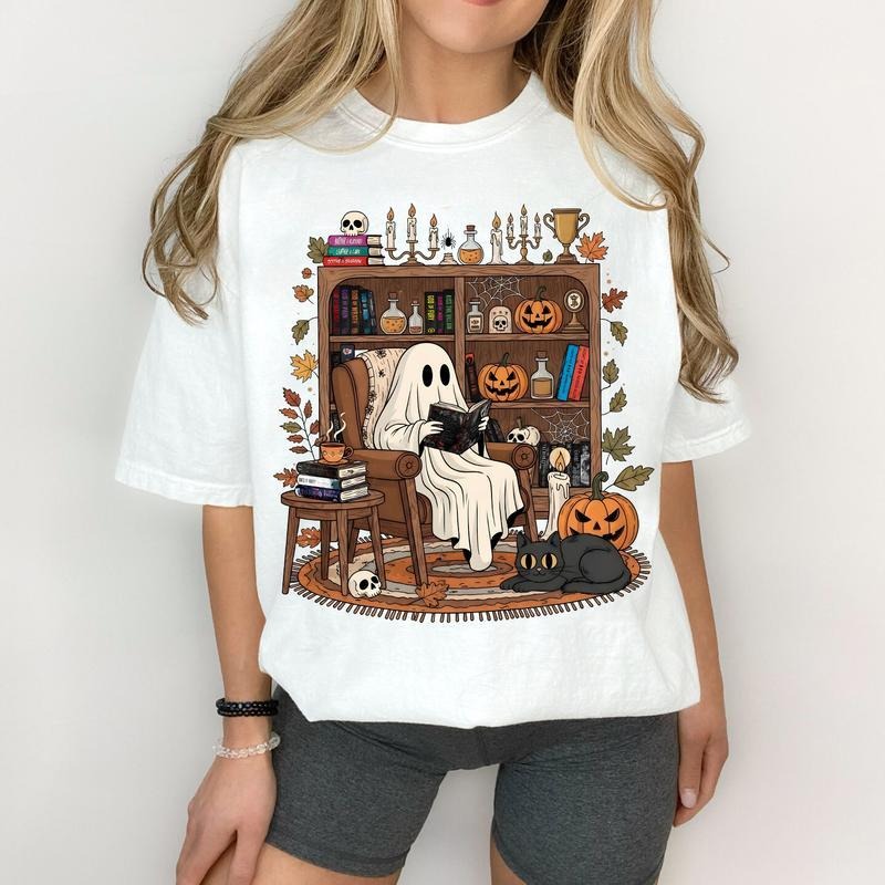 Retro Cozy Ghost Reading Halloween T-Shirt, Haunting Adeline Sweatshirt, Fall Library Boo Ghost Hoodie, Cute Spooky...