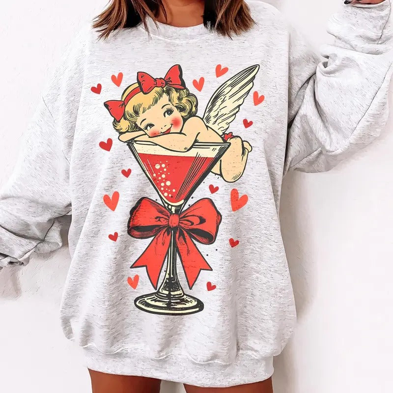 Retro Cupid Coquette bow Sweatshirt, Retro Valentine Shirt, Gift For her, Valentine's Day Sweatshirt, Valentines Martini...