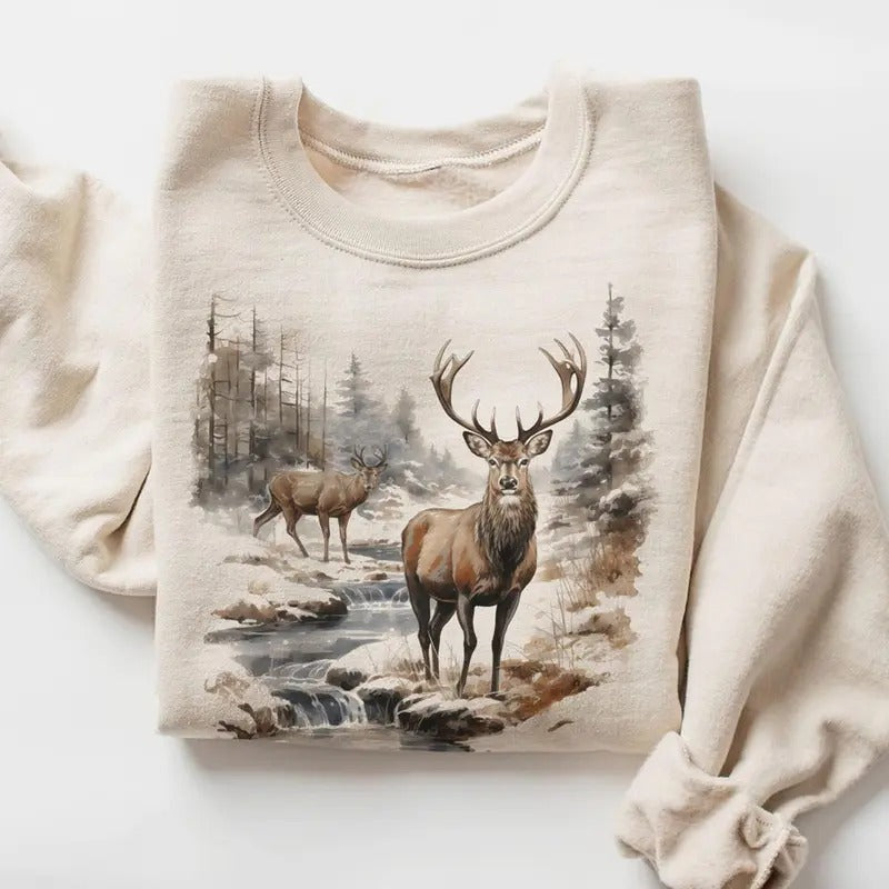 Retro Deer Wilderness Scene Sweatshirt - Nineties Vintage Buck And Doe Deer Outfit - Boho Unisex Crewneck Sweatshirt...