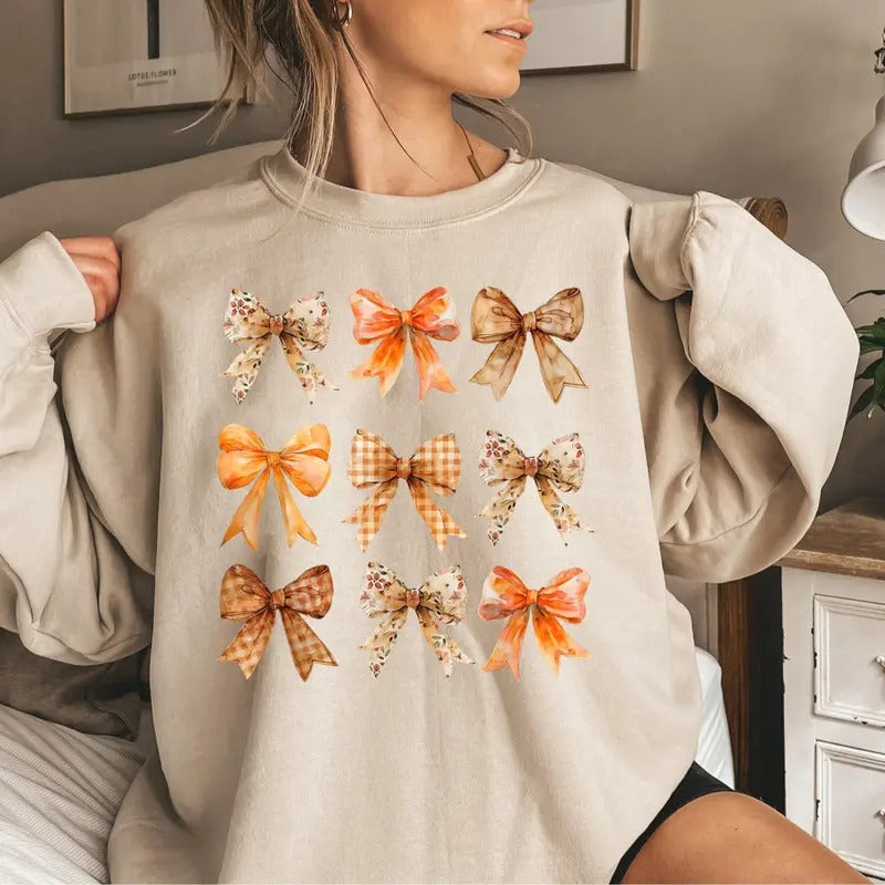 Retro Fall Pumpkin Bow Shirt, Fall Coquette Bow Sweatshirt, Pumpkin Fall Shirt, Autumn Pumpkin Tee, Autumn Fall...
