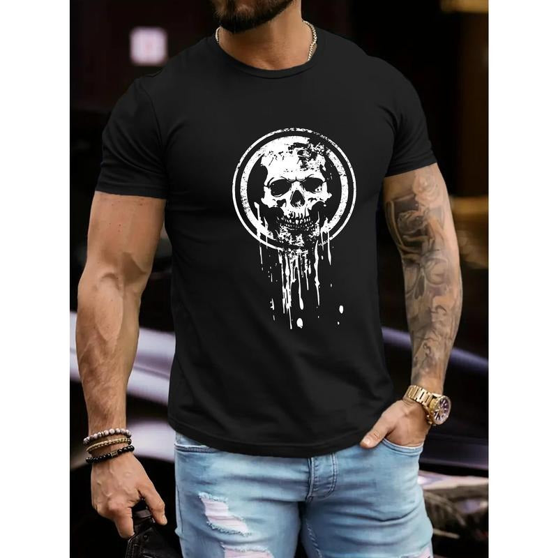 Retro Fashion Men's Crew Neck Short Sleeve T-Shirt With Skull Graphic Print - Casual Outdoor Activewear