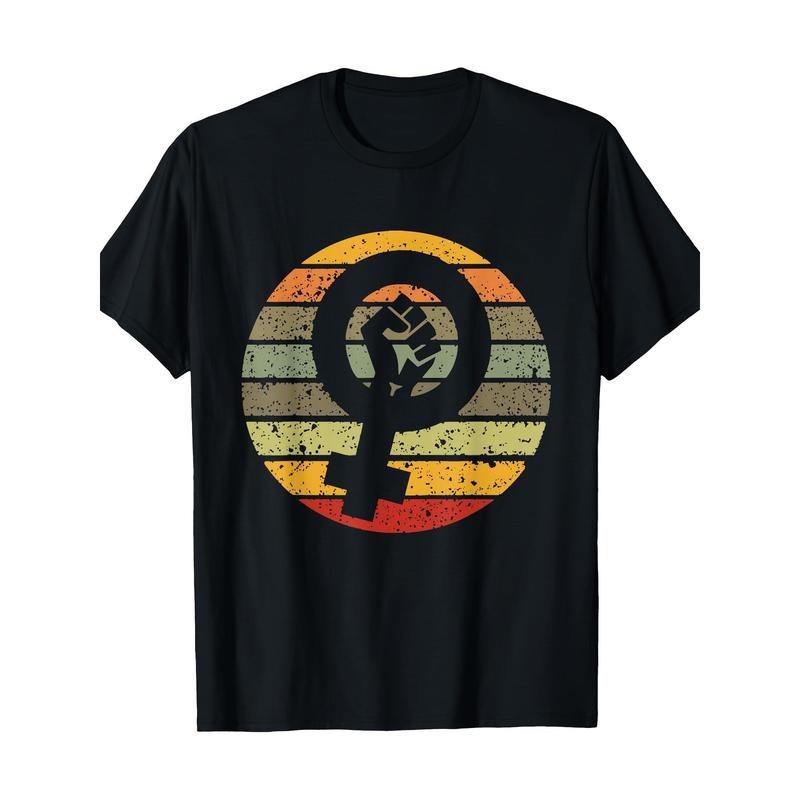 Retro Feminist Logo T-Shirt, 100% Cotton Crew Neck Short Sleeve Tee, Geometric Pattern, Casual All-Season Knit Fabric,...