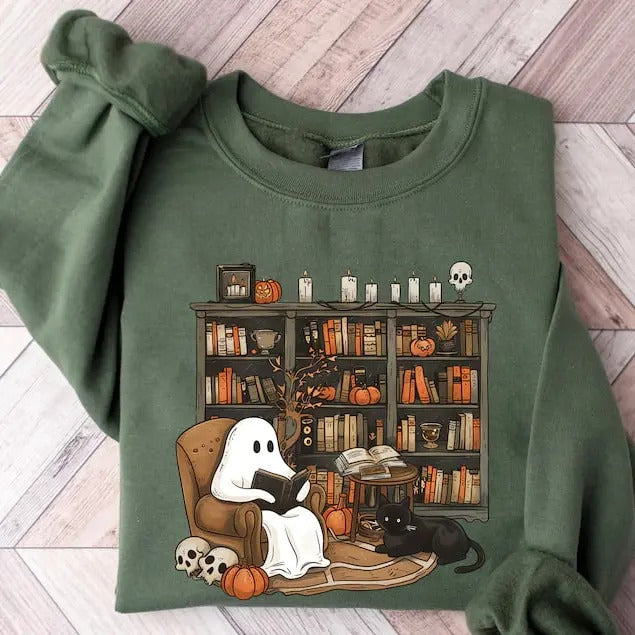 Retro Ghost Reading Books Sweatshirt, Librarian Ghost Halloween, Halloween Teacher Sweatshirt, Halloween Shirt, Teacher...