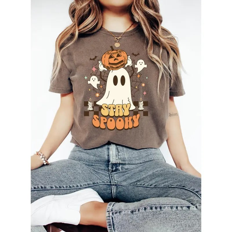 Retro Ghost Shirt, Cute Fall Halloween Tee, Spooky Season shirt, Women's Halloween T-Shirt, Oversized Pumpkin Top Hoodie,...