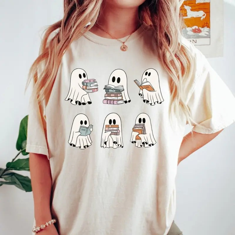 Retro Ghosts Reading Books Teacher  Halloween Gift Spooky Season Trendy Shirt Gift Halloween Hoodie, Sweatshirt