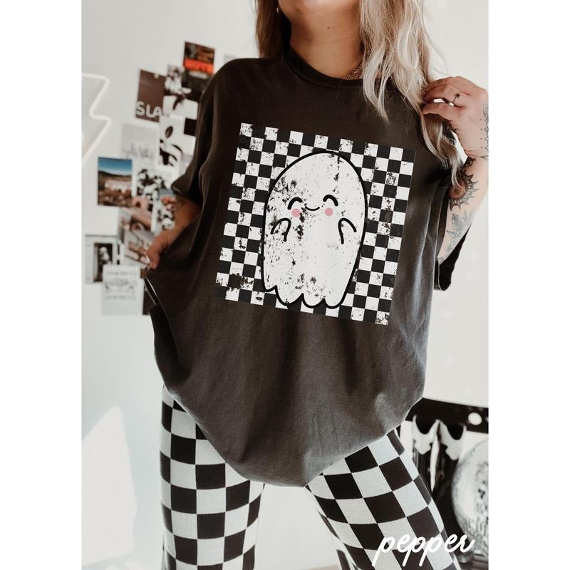 Retro Halloween Checkered Ghost Shirt Cute Ghost Tee Womens Halloween Shirt Cute Fall Shirt Spooky Season Gift For Her...