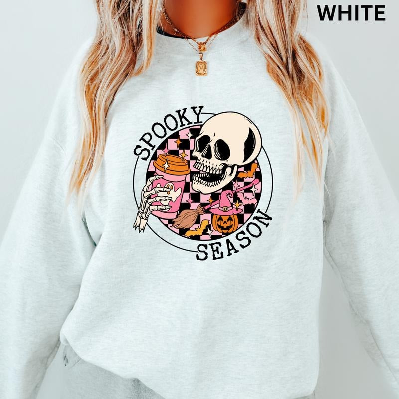 Retro Halloween Crewneck, Halloween Retro Spooky Season Skeleton Coffee Sweatshirt, Oversized Halloween Graphic Crewneck,...