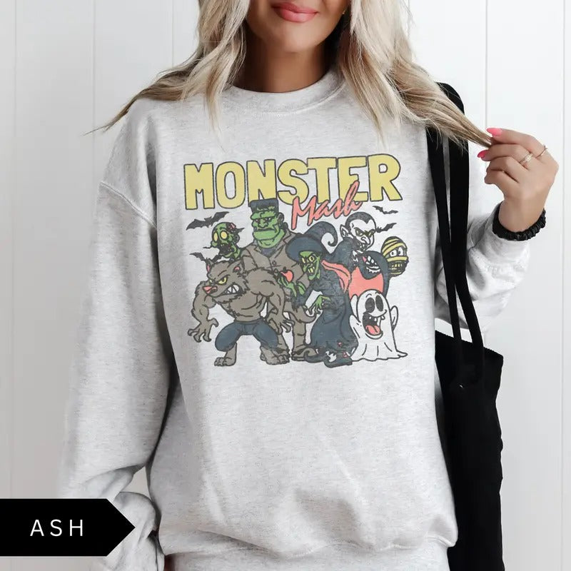 Retro Halloween Monster Mash Sweatshirt, Halloween Aesthetic, Vintage Halloween Sweatshirt, Graphic Monster Sweatshirt...