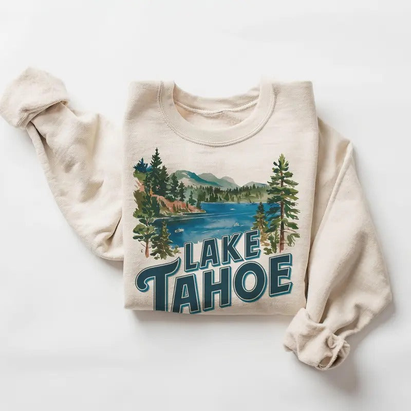 Retro Lake Tahoe Forest Scene Sweatshirt - Nineties 90s Vintage California Travel Destination Outfit - Boho Unisex...