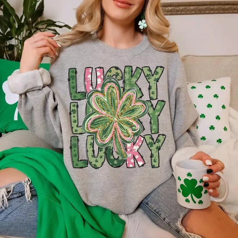 Retro Lucky Shamrock T-Shirt, St Patrick's Day Sweatshirt, Irish Four Leaf Clover Tee, Lucky Charm Shirt, St Paddy's Day...