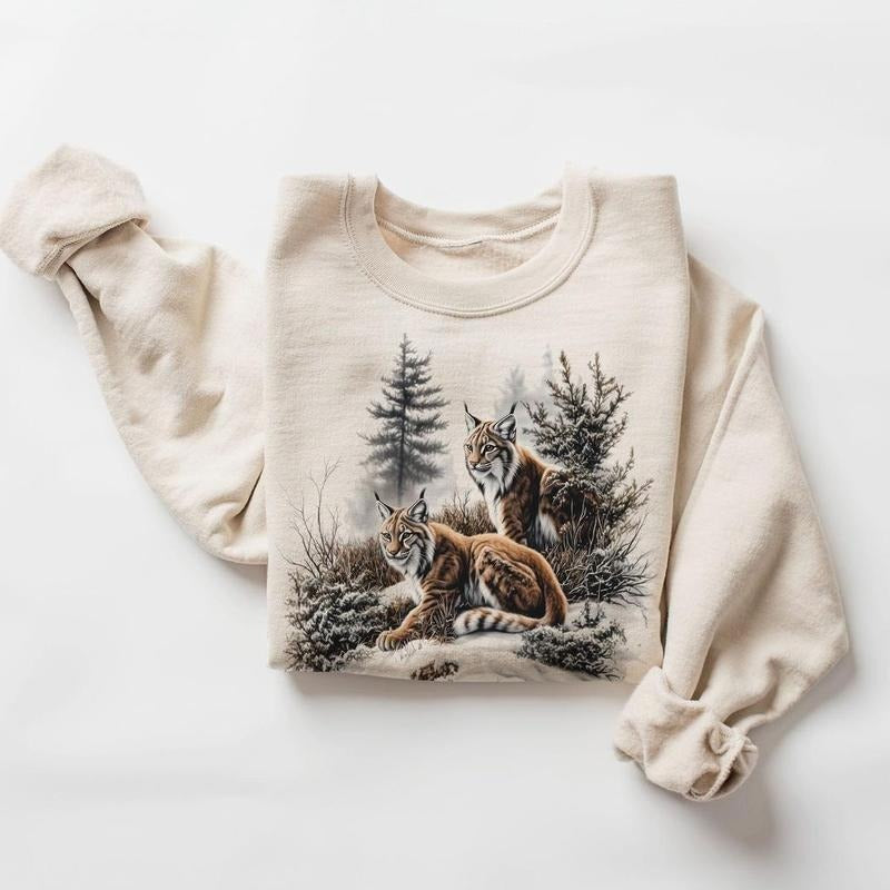 Retro Lynx Winter Forest Scene Sweatshirt - Nineties 90s Vintage Lynxes In The Snow Unisex Crewneck Sweatshirt Cotton...