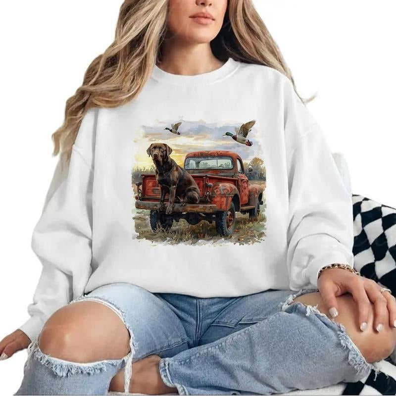 Retro Mallard Duck Labrador Dog and Red Truck T-shirt Unisex Hoodie 4th of July Sweatshirts Hunting Season 1 Cotton...