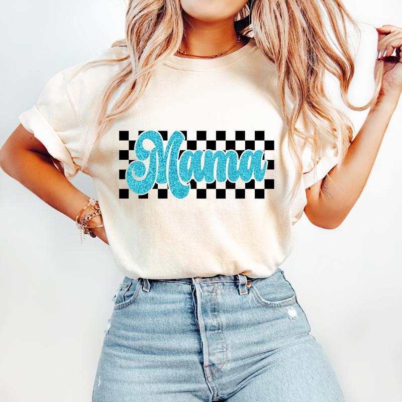 Retro Mama T-Shirt-sweatshirt-hoodie, Blue Mom T-Shirt, Retro Checkered T-Shirt, Trendy Mom Shirt Design | TeeBloomCo.com