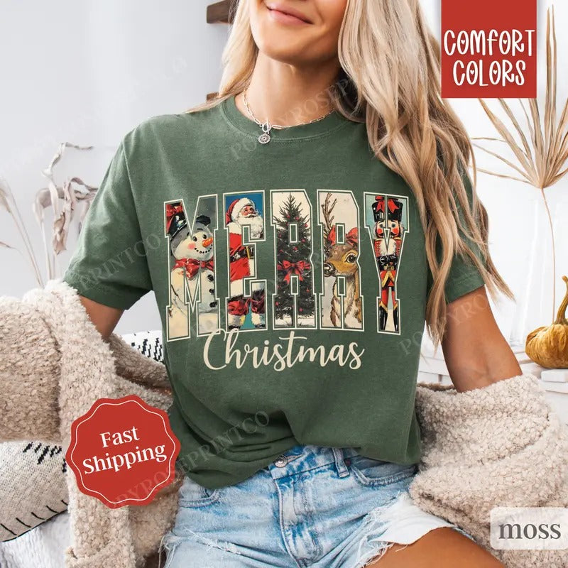 Retro Merry Christmas Shirt Comfort Colors,  Cute Christmas Tee, Women's Holiday Tshirt Hoodie, Sweatshirt | TeeBloomCo.com