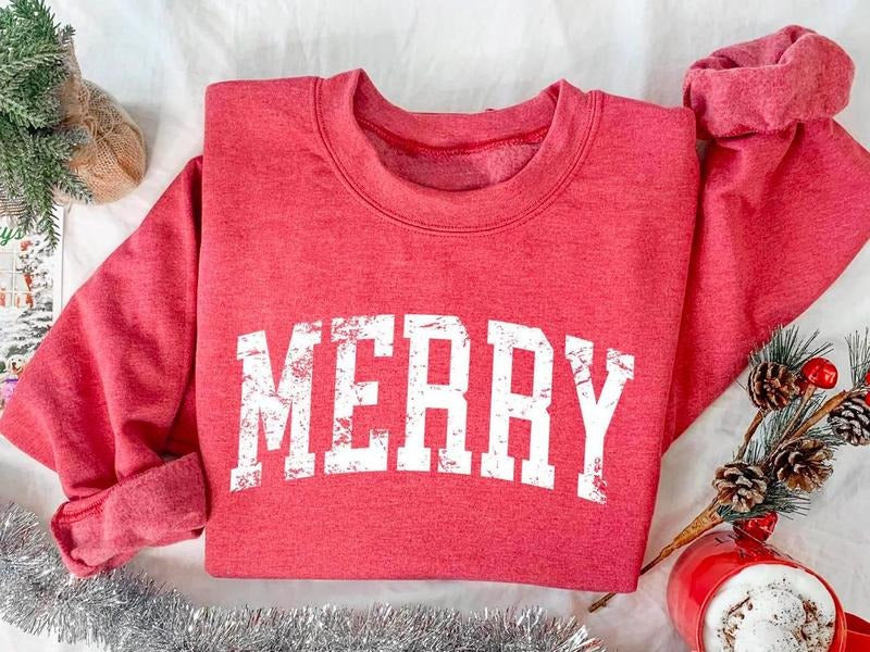 Retro Merry Sweatshirt, Merry Christmas Shirt, Womens Christmas Shirt, Festive Holiday Sweatshirt, Cute Christmas Shirt,...