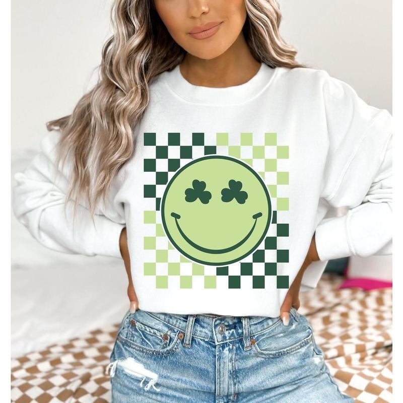 Retro Patricks Smiley Face Sweatshirt, Checkered Clover Sweater, Cute Women Patrick's T-Shirt, Happy Patricks Day,...