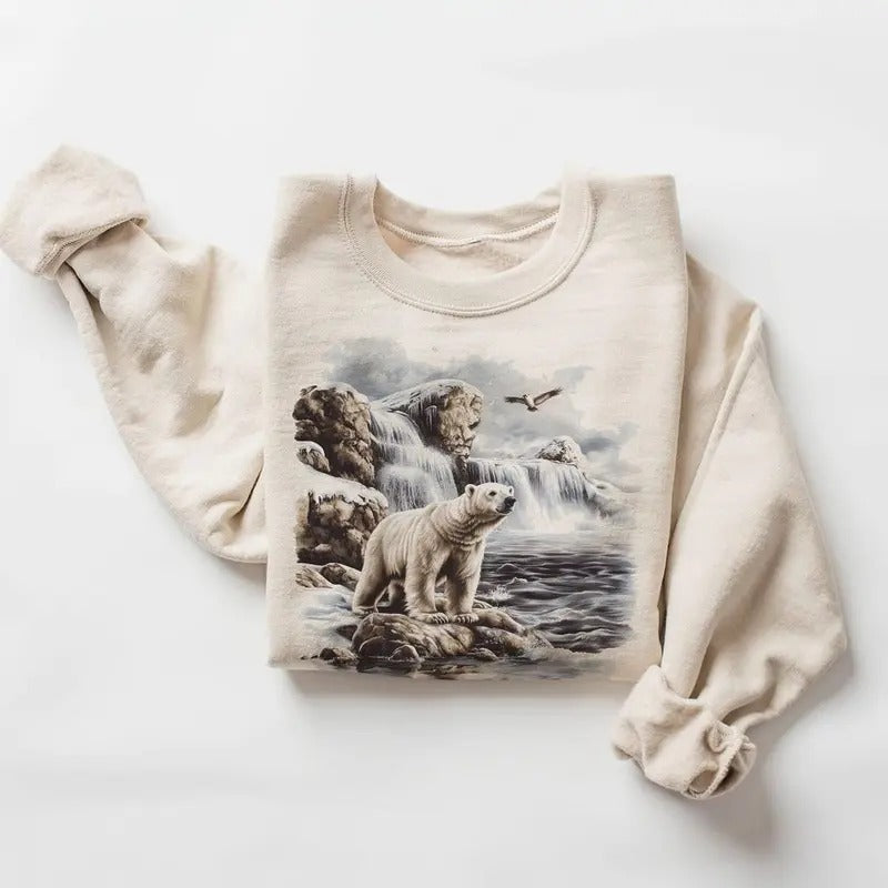 Retro Polar Bear Arctic Sea Scene Sweatshirt - 90s Wildlife Watcher Bear Gift
