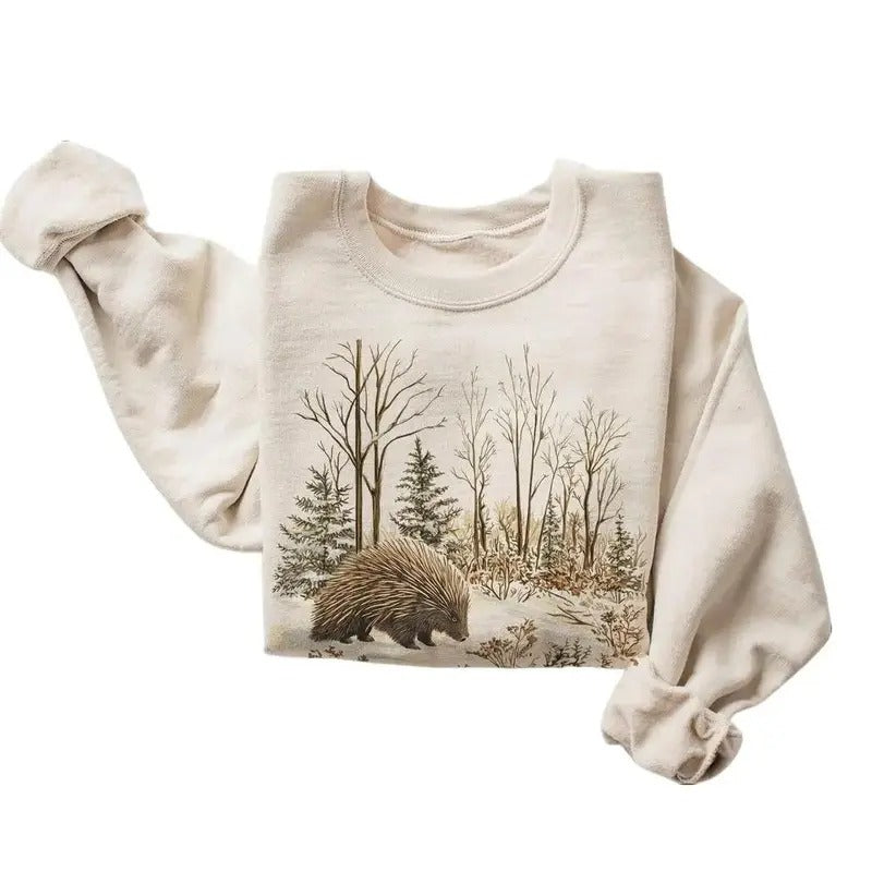 Retro Porcupine Winter Forest Scene Sweatshirt - 90s Cute Woodland Creature Nature Gift - Wildlife Watcher Cotton...