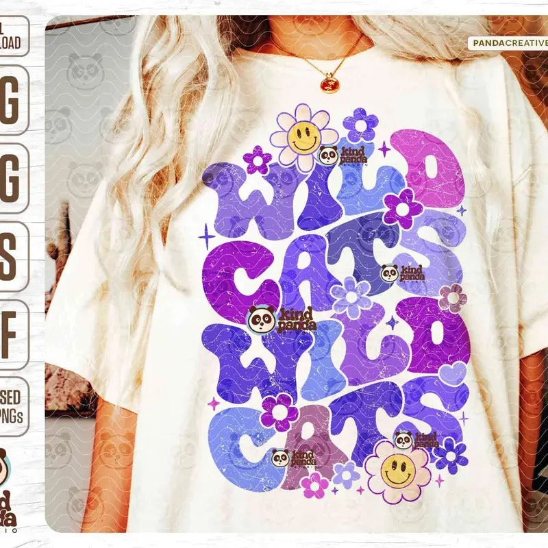 Retro Purple Wildcats Png Svg Floral Mascot Wildcats Cut File Groovy Football Sublimation Baseball Game Day Shirt Design...