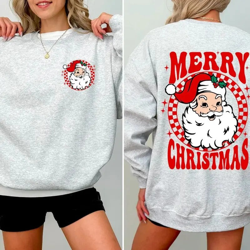Retro Santa Checkered Sweatshirt, Merry Christmas Shirt, Cozy Winter Hoodie, Retro Santa Sweatshirt, Vintage Christmas...