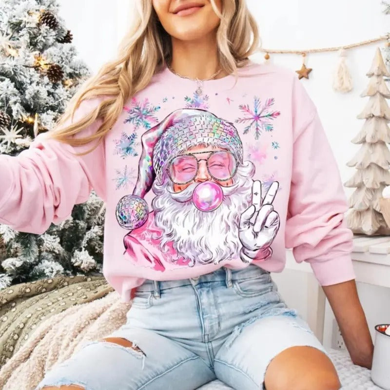 Retro Santa Christmas Blowing Bubble Sweatshirt, Hoodie, T