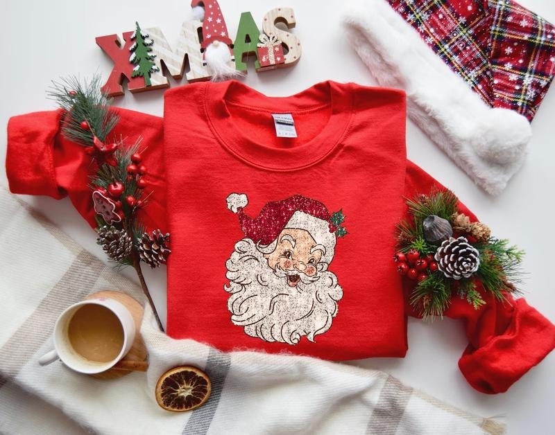 Retro Santa Sweatshirt, Faux Sequin Christmas Shirt, Holiday Sweaters, Christmas Sweatshirt, New Year Hoodie, Christmas...