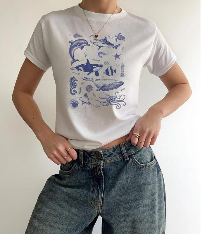Retro Sea Life Baby Tee, Ocean Dolphin Orca Baby Tee, Cute Ocean Baby Tee, Turtle Seahorse Tee Shirt, Y2k Aesthetic Baby...