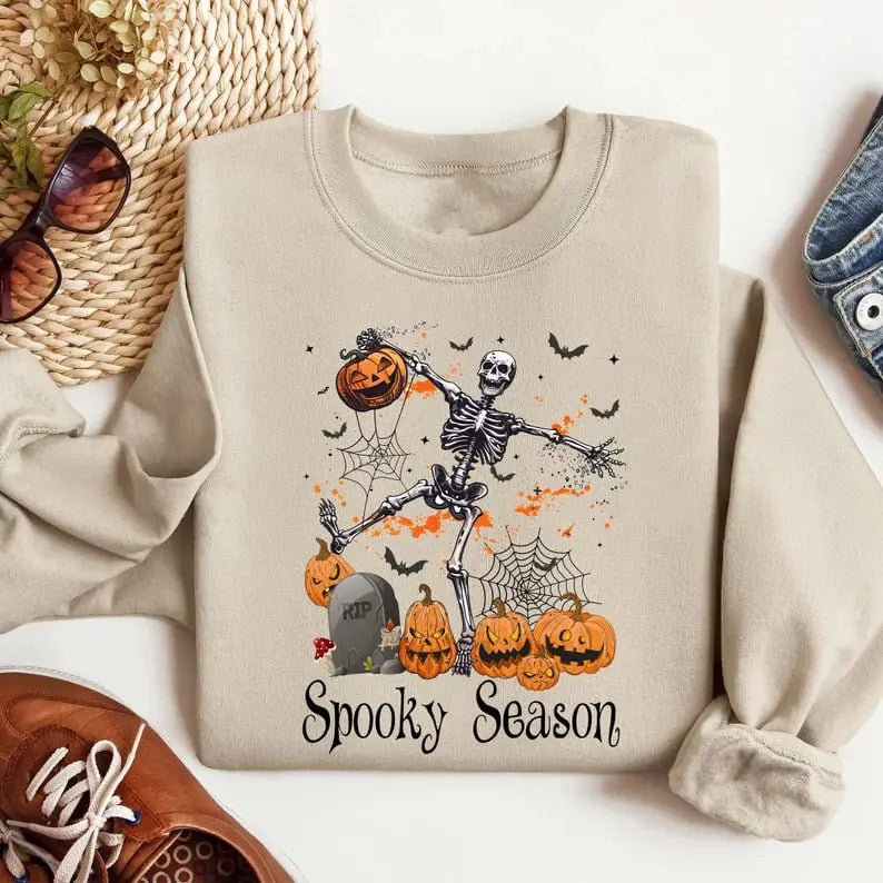 Retro Skeleton Dancing Halloween Spooky Season Sweatshirt, Skeleton Spooky Season Shirt, Gift For Halloween Funny Fall...