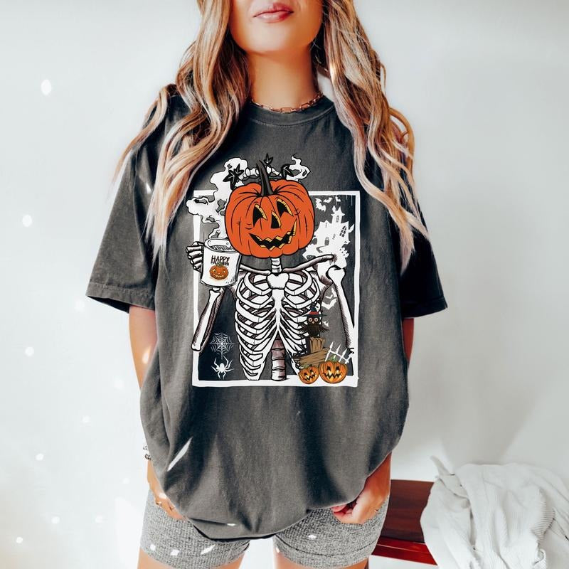 Retro Skeleton Pumpkin Shirt, Halloween Coffee T-Shirt, Womens Fall Fashion shirt, HALLOWEEN Coffee t-shirt, halloween...