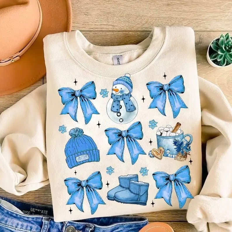 Retro Snowman Hot Cocoa shirt, Christmas Coquette Bow, Winter Shirt , Christmas Girly Sweatshirt, Cozy Winter Hoodie