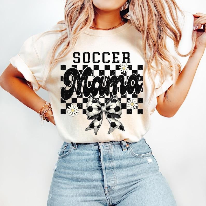 Retro Soccer Mama Checkered, Soccer, Soccer Mom, Game Day ,Checkered Mama , Soccer Bow, Soccer Coquette Bow Tshirt...