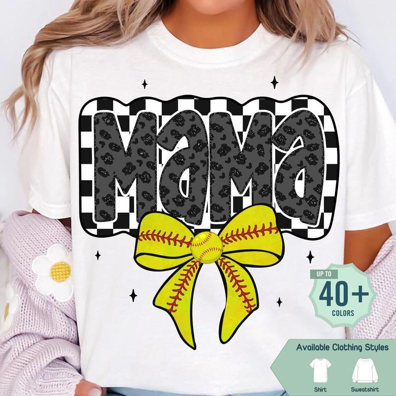 Retro Softball Mama T-Shirt, Softball Mama Tee, Softball Coquette Sweatshirt, Game Day Softball Bow Tee, Softball Mom...