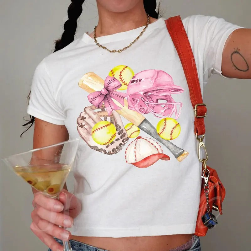 Retro Softball Y2K Baby Tee, Coquette Softball Shirt, Softball Player Gift, Game Day Trendy Clothing, Softball Catcher...