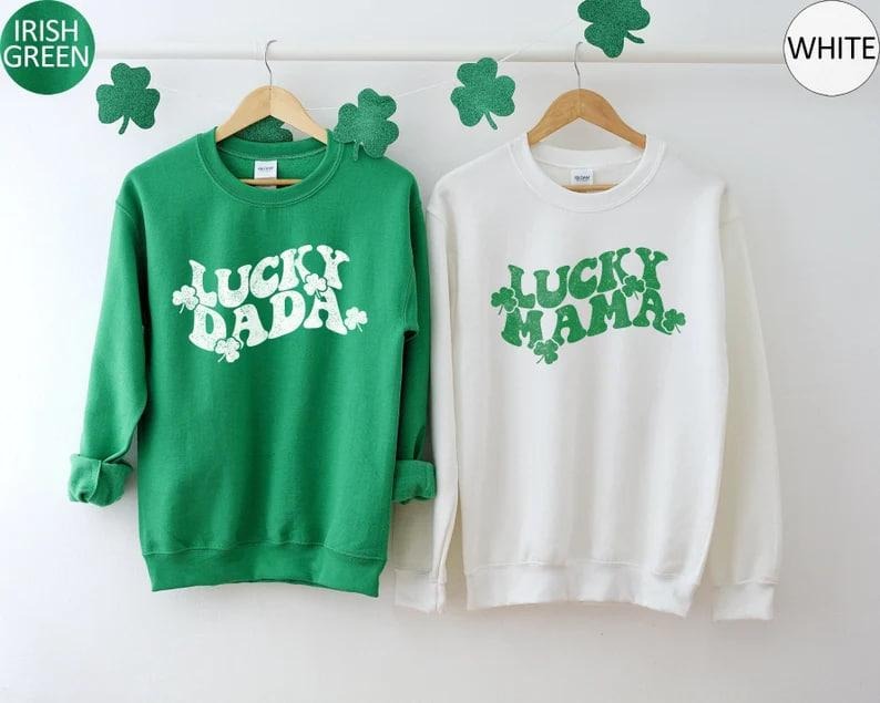 Retro St. Patrick's Day Sweatshirt Lucky Mama Lucky Dada Hoodie Irish Shamrock Sweater Saint Patricks Day Gift Matching...