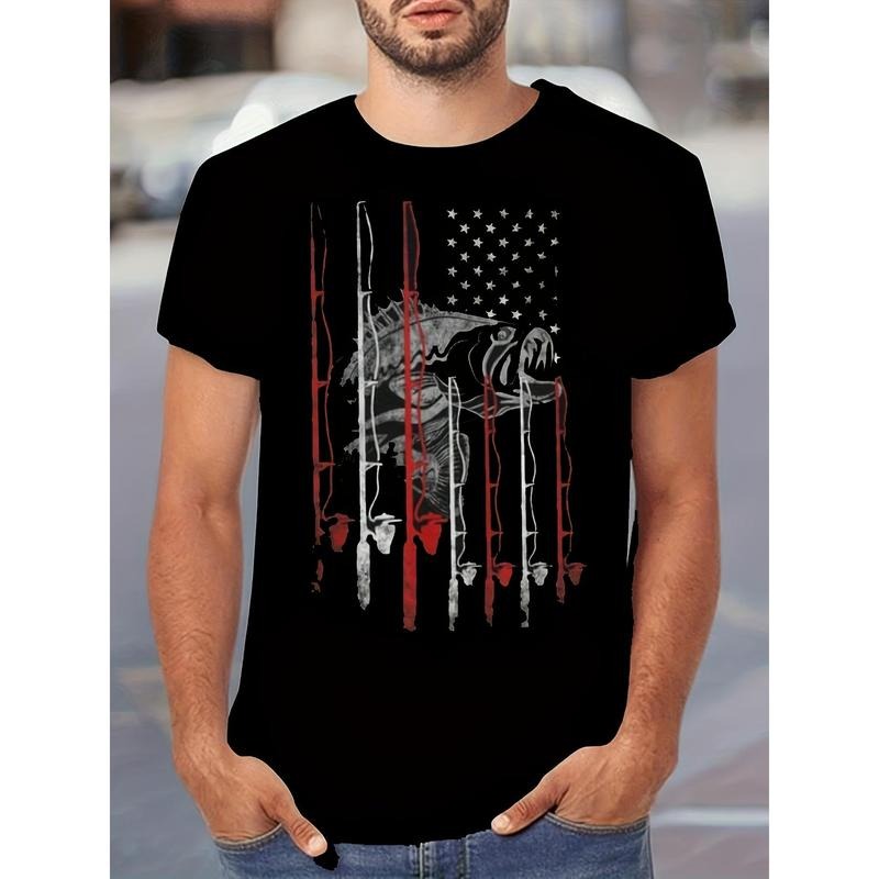 Retro Style Fishing Rod And Novel American Flag Pattern Crew Neck And Short Sleeve T-shirt, Stylish And Chic Summer Tops...