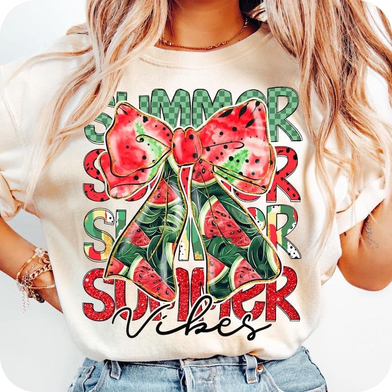 Retro Summer Vibes Watermelon Coquette Bow Hello Summer Girly Mama Gift T-Shirt Hoodie, Sweatshirt | TeeBloomCo.com