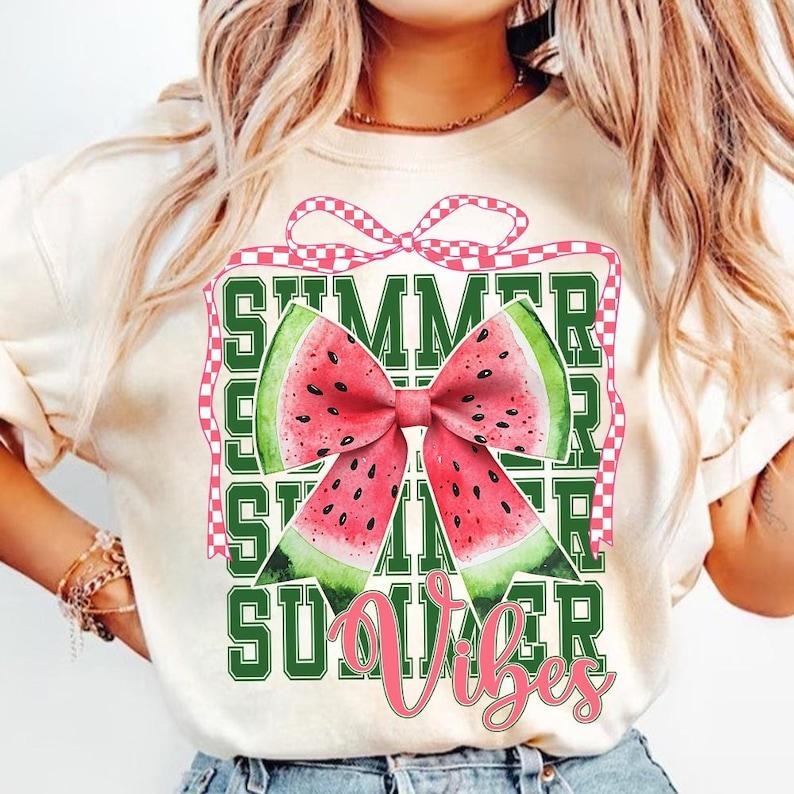 Retro Summer Vibes Watermelon Coquette Bow Hello Summer Girly Mama Gift T-Shirtstyle{n002}2 T-Shirts, Hoodie, Sweatshirt