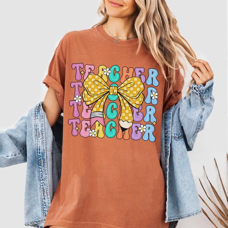 Retro Teacher Shirt, Gingham Bow Pencil Tee, Colorful Classroom Sweatshirt for Women, Back to School Teacher Outfit Hoodie