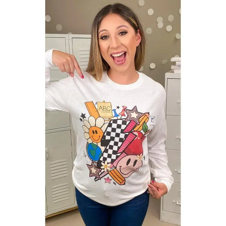 Retro Teacher Vibes Graphic Long Sleeve T-Shirt Hoodie, Sweatshirt | TeeBloomCo.com