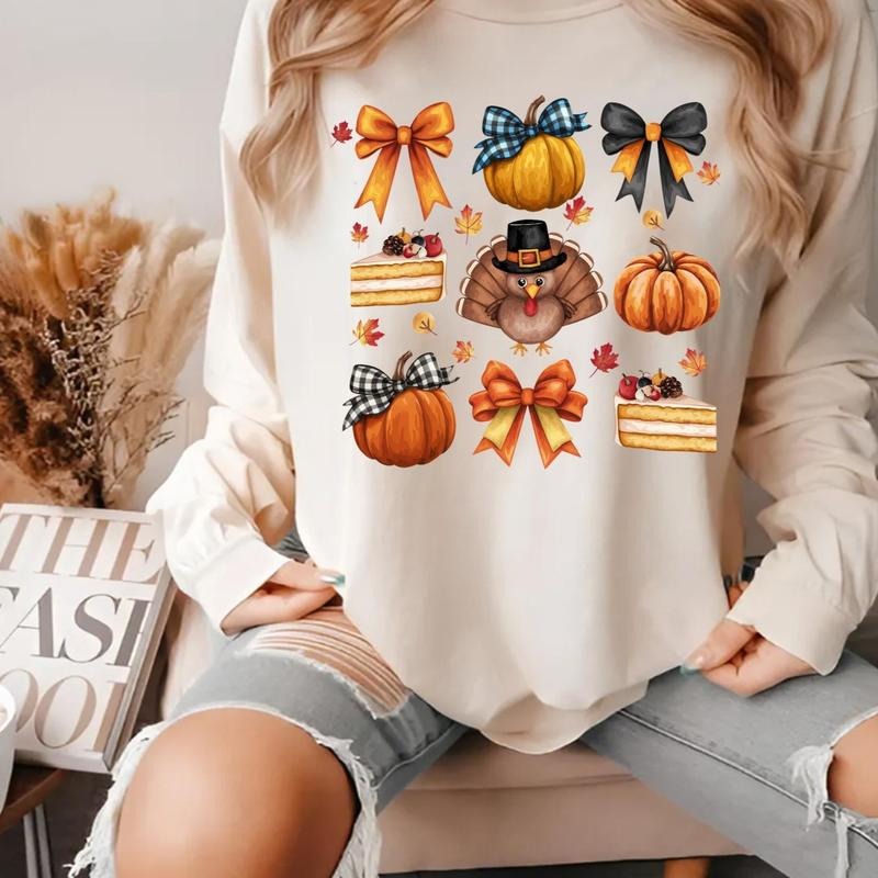 Retro Thanksgiving Shirt, Fall Coquette Pumpkin Bow, Girly Autumn Sublimation, Turkey Shirt Hoodie, Sweatshirt