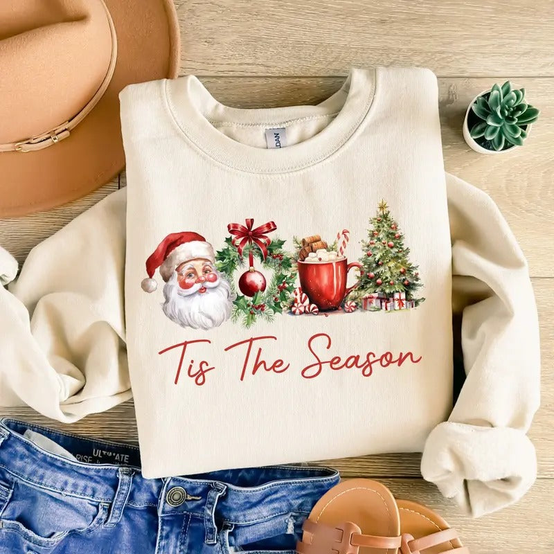Retro Tis The Season Christmas Sweatshirt, Santa Claus Sweatshirt, Christmas Tree Sweater, Christmas Coffee Shirt, Merry...