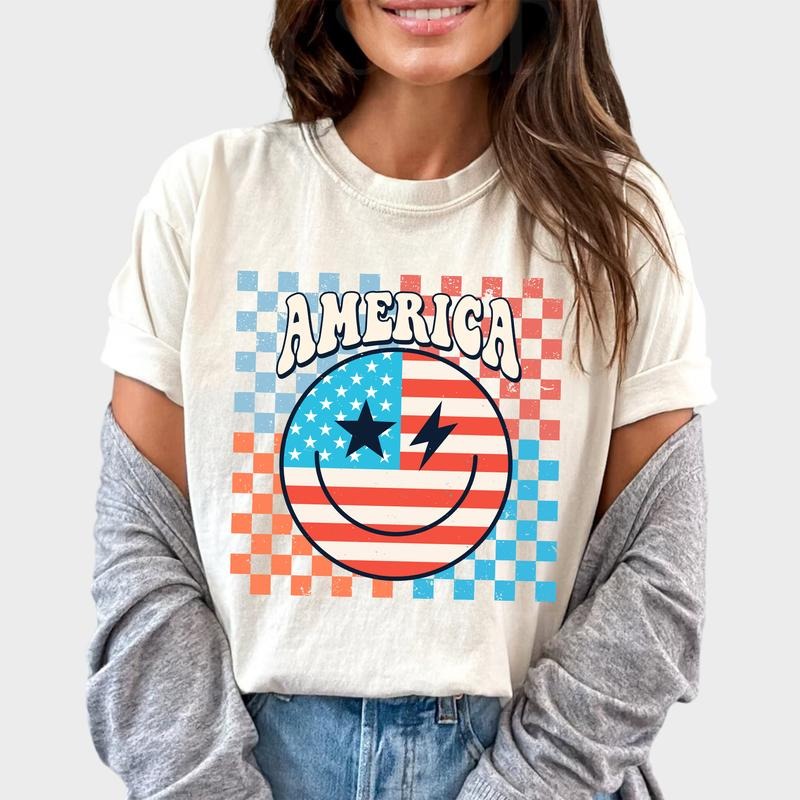Retro USA Checkerboard Shirt, America Vintage Unisex Graphic Printed Tee, 4th Of July Unhinged Shirt, Retro Happy Face...
