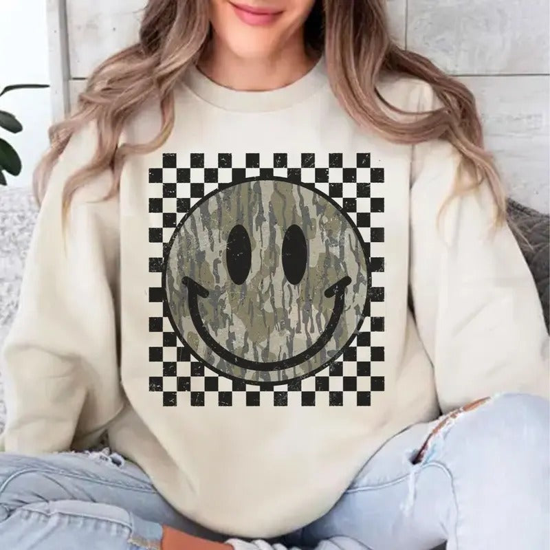 Retro Vintage Camo Bow Smile Hunting Sweatshirt, Coquette Bow Camo Design Shirt Hoodie | TeeBloomCo.com