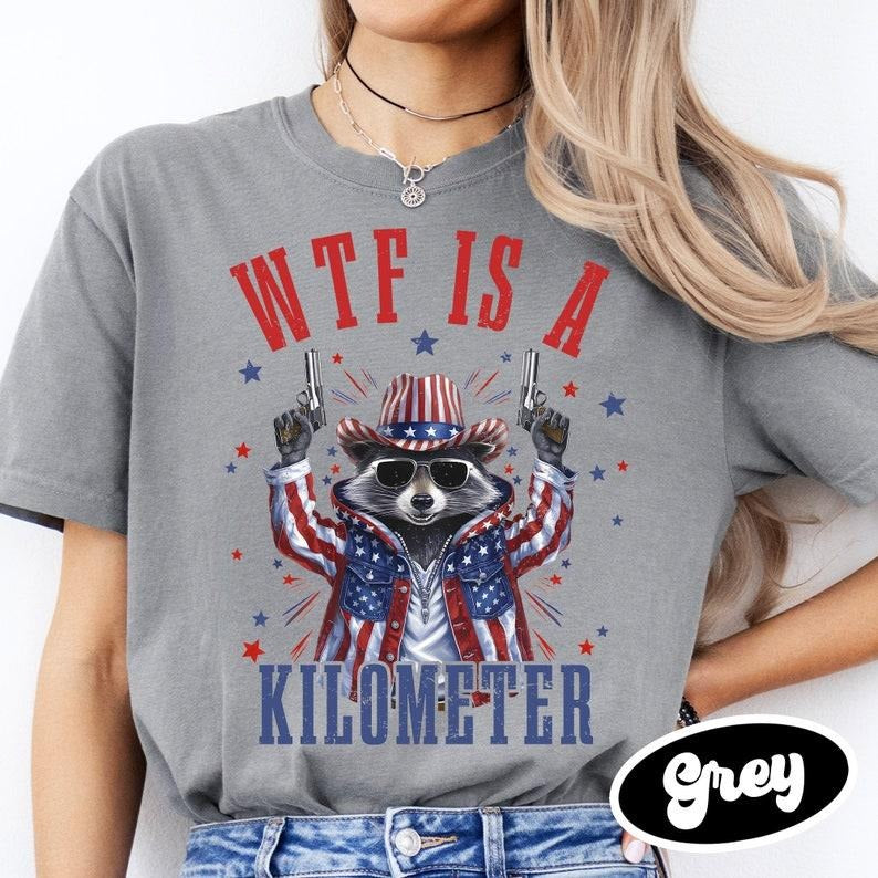 Retro WTF Is A Kilometer Raccoon Funny T-shirt, Funny Cringey USA Meme T-Shirt, USA Flag , Veteran Day Tee, Funny Gamer...