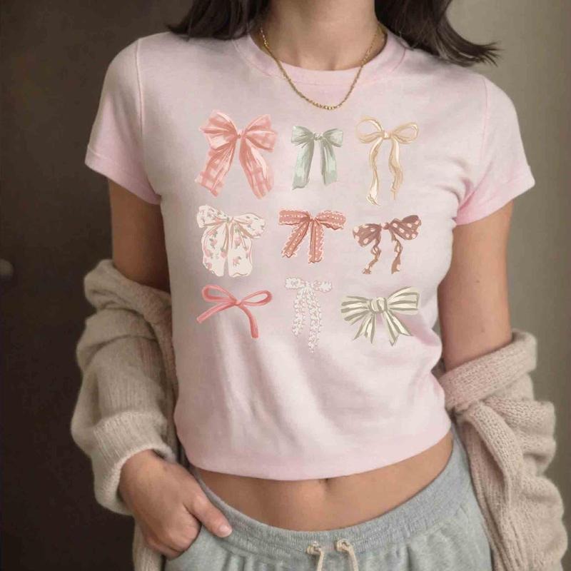 Retro Watercolor Coquette Bows Baby Tee, Vintage Collage Aesthetic Bow Croptop Women Shirt, Birthday Girl 2025 Shirt,...